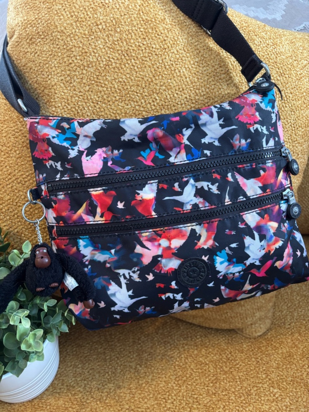 Kipling Black Crossbody Bag with Multicolor Bird Print